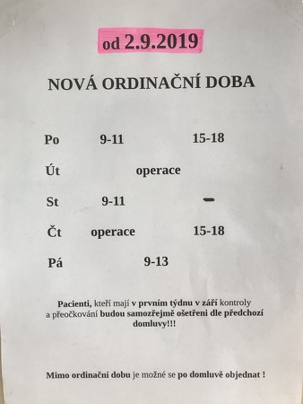 od 2.9.2019 !!!! Změna ordinační doby