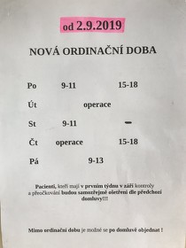 od 2.9.2019 !!!! Změna ordinační doby